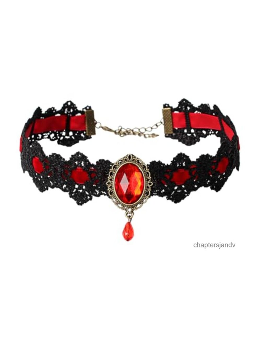 Gothic Lace Velvet Choker Necklace with Red Rhinestone Pendant
